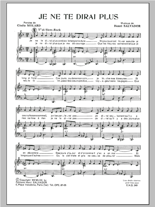 Henri Salvador Je Ne Te Dirai Plus Sheet Music Notes & Chords for Piano & Vocal - Download or Print PDF