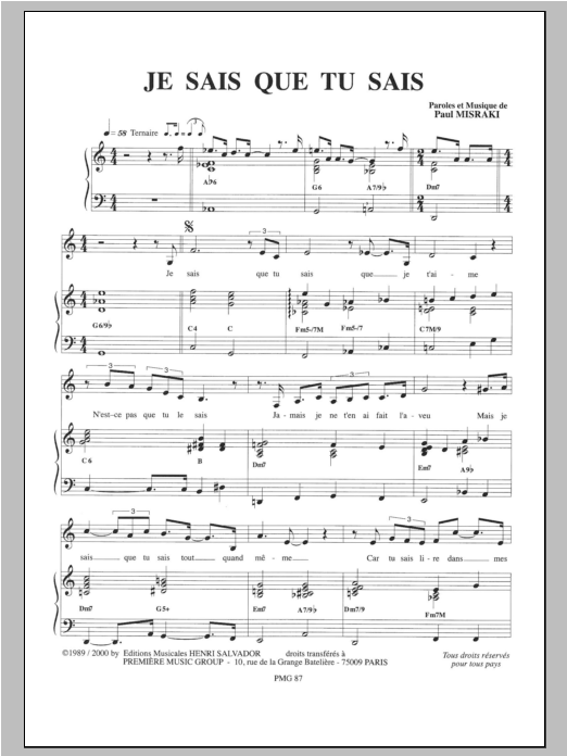 Henri Salvador Je Sais Que Tu Sais Sheet Music Notes & Chords for Piano & Vocal - Download or Print PDF Henri Salvador Je Sais Que Tu Sais Sheet Music Notes & Chords for Piano & Vocal - Download or Print PDF