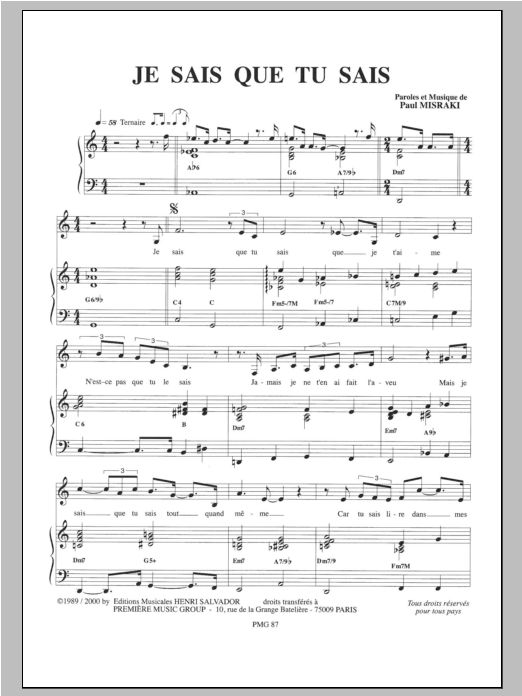 Henri Salvador Je Sais Que Tu Sais Sheet Music Notes & Chords for Piano & Vocal - Download or Print PDF