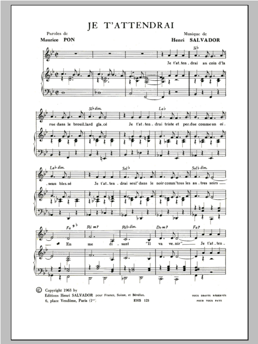Henri Salvador Je T'attendrai Sheet Music Notes & Chords for Piano & Vocal - Download or Print PDF Henri Salvador Je T'attendrai Sheet Music Notes & Chords for Piano & Vocal - Download or Print PDF