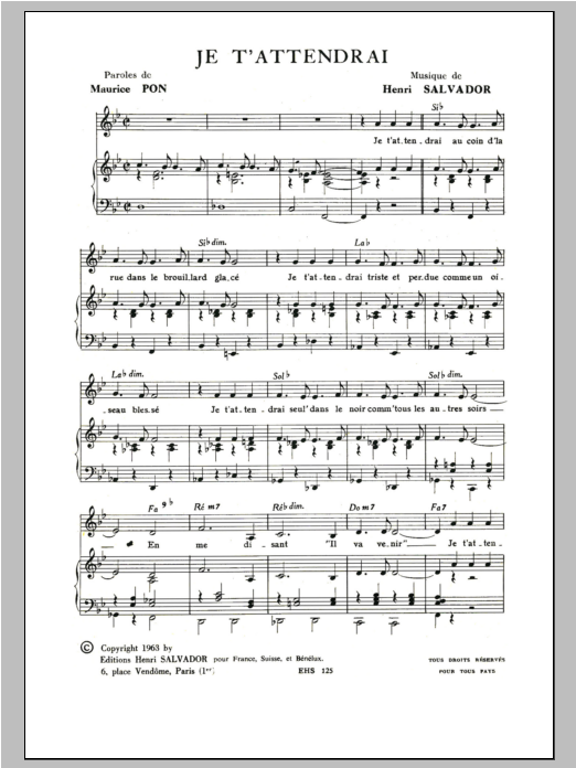 Henri Salvador Je T'attendrai Sheet Music Notes & Chords for Piano & Vocal - Download or Print PDF