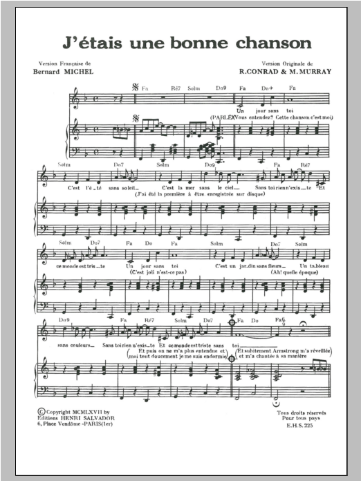 Henri Salvador J'etais Une Bonne Chanson (I Was A Good Song) Sheet Music Notes & Chords for Piano & Vocal - Download or Print PDF
