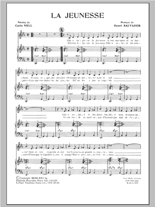 Henri Salvador Jeunesse Sheet Music Notes & Chords for Piano & Vocal - Download or Print PDF