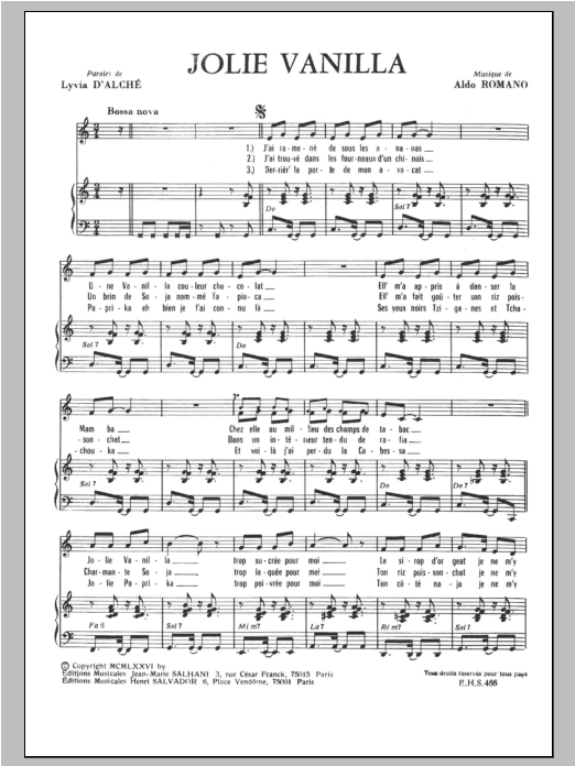 Henri Salvador Jolies Vanilla Sheet Music Notes & Chords for Piano & Vocal - Download or Print PDF