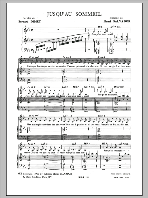 Henri Salvador Jusqu'au Sommeil Sheet Music Notes & Chords for Piano & Vocal - Download or Print PDF
