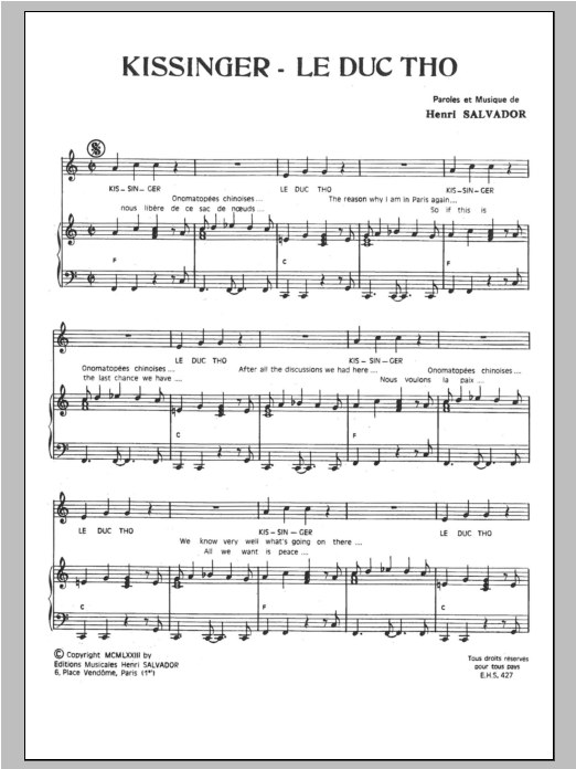 Henri Salvador Kissinger - Le Duc Tho Sheet Music Notes & Chords for Piano & Vocal - Download or Print PDF Henri Salvador Kissinger - Le Duc Tho Sheet Music Notes & Chords for Piano & Vocal - Download or Print PDF