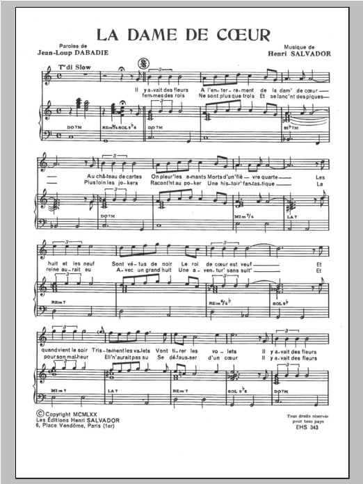 Henri Salvador La Dame De Coeur Sheet Music Notes & Chords for Piano & Vocal - Download or Print PDF