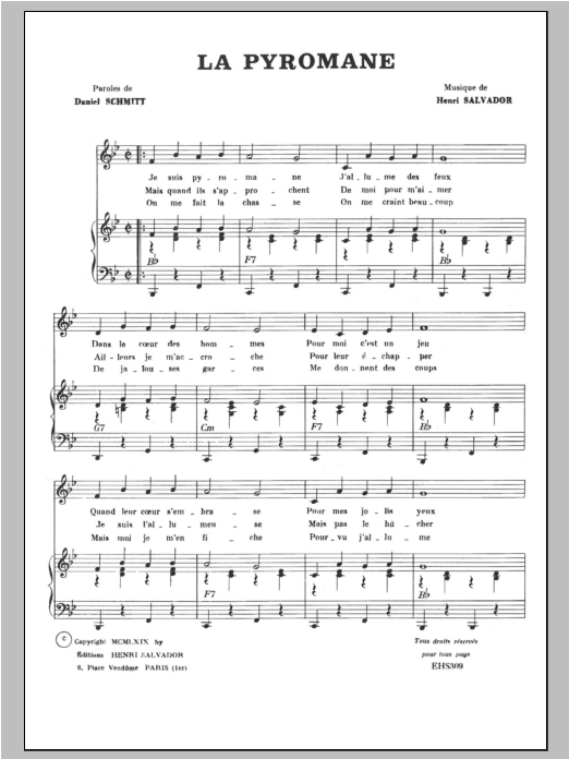 Henri Salvador La Pyromane Sheet Music Notes & Chords for Piano & Vocal - Download or Print PDF