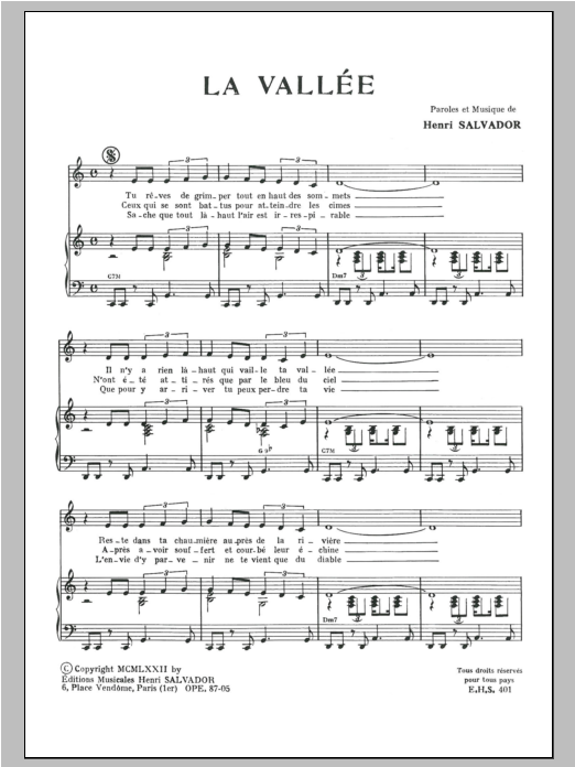 Henri Salvador La Vallee Sheet Music Notes & Chords for Piano & Vocal - Download or Print PDF