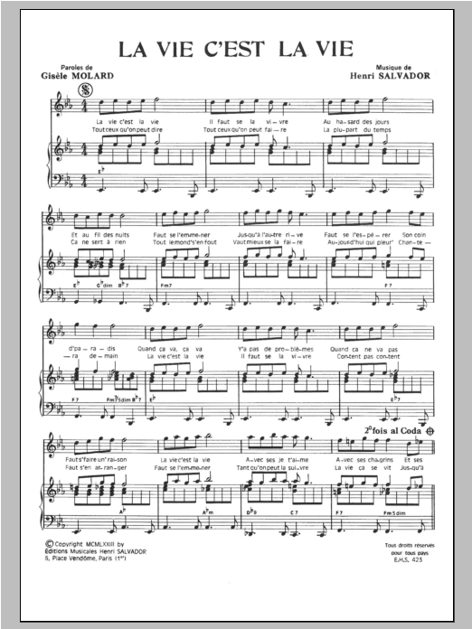 Henri Salvador La Vie C'est La Vie Sheet Music Notes & Chords for Piano & Vocal - Download or Print PDF