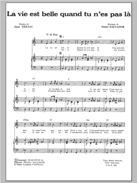 Henri Salvador La Vie Est Belle Quand Tu N'es Pas Sheet Music Notes & Chords for Piano & Vocal - Download or Print PDF