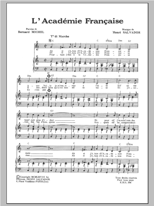 Henri Salvador L'Academie Francaise Sheet Music Notes & Chords for Piano & Vocal - Download or Print PDF