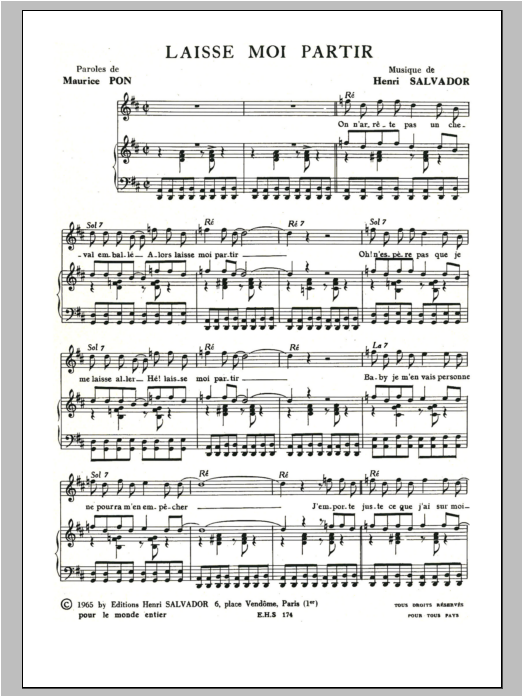 Henri Salvador Laisse Moi Partir Sheet Music Notes & Chords for Piano & Vocal - Download or Print PDF