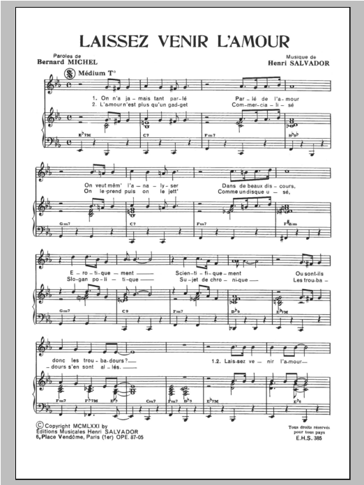 Henri Salvador Laissez Venir L'amour Sheet Music Notes & Chords for Piano & Vocal - Download or Print PDF