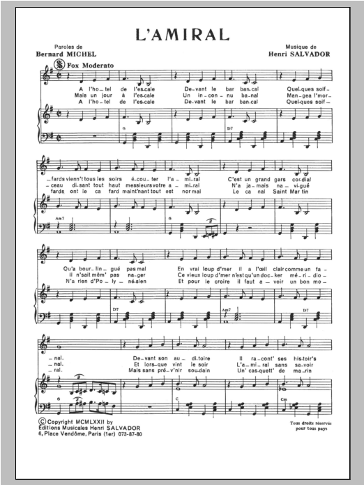 Henri Salvador L'Amiral Sheet Music Notes & Chords for Piano & Vocal - Download or Print PDF