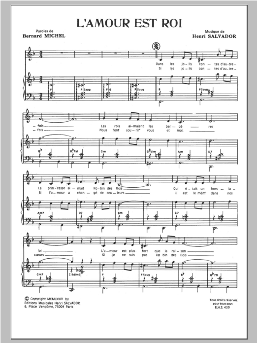 Henri Salvador L'amour Est Roi Sheet Music Notes & Chords for Piano & Vocal - Download or Print PDF