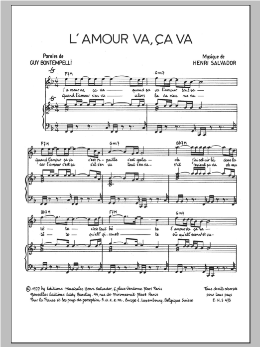 Henri Salvador L'amour Va Ca Va Sheet Music Notes & Chords for Piano & Vocal - Download or Print PDF