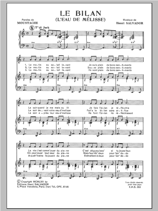 Henri Salvador Le Bilan Sheet Music Notes & Chords for Piano & Vocal - Download or Print PDF