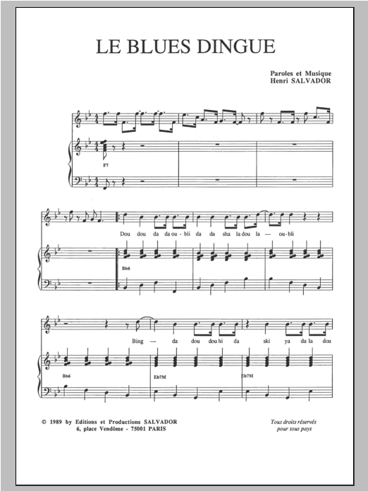 Henri Salvador Le Blues Dingue Sheet Music Notes & Chords for Piano & Vocal - Download or Print PDF
