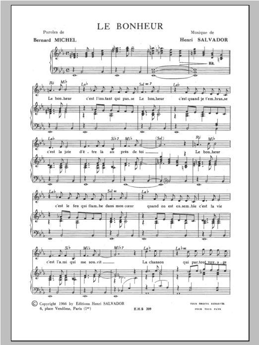 Henri Salvador Le Bonheur Sheet Music Notes & Chords for Piano & Vocal - Download or Print PDF