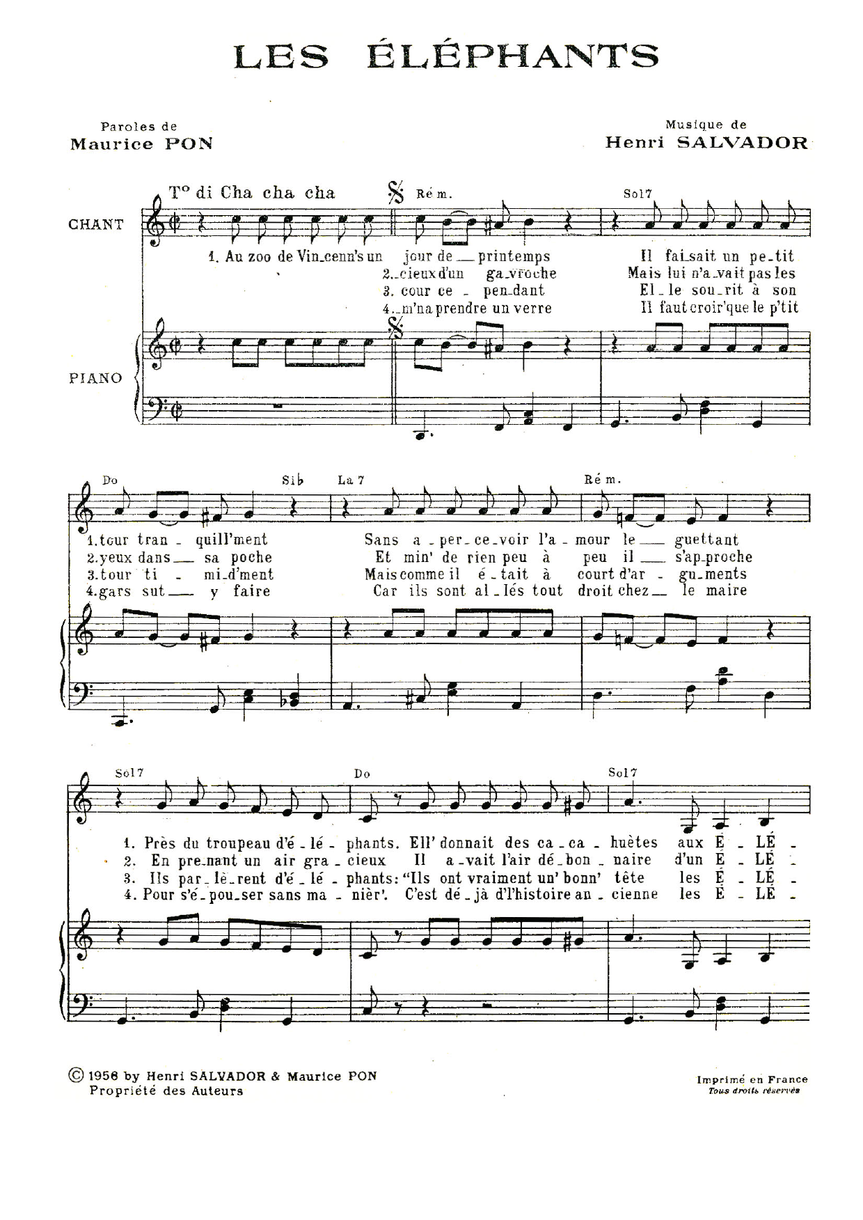 Henri Salvador Les Elephants Sheet Music Notes & Chords for Piano & Vocal - Download or Print PDF