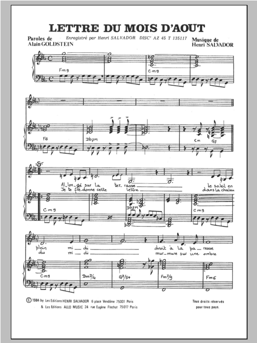 Henri Salvador Lettre Du Mois D'aout Sheet Music Notes & Chords for Piano & Vocal - Download or Print PDF