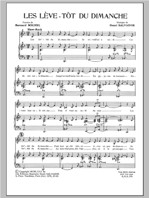 Henri Salvador Leve Tot Du Dimanche (Les) Sheet Music Notes & Chords for Piano & Vocal - Download or Print PDF