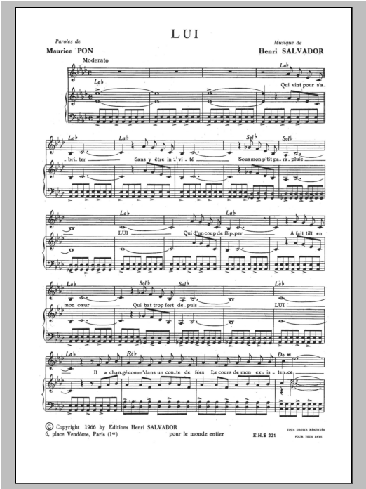 Henri Salvador Lui Sheet Music Notes & Chords for Piano & Vocal - Download or Print PDF
