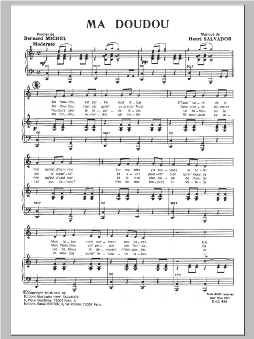 Henri Salvador Ma Doudou Sheet Music Notes & Chords for Piano & Vocal - Download or Print PDF