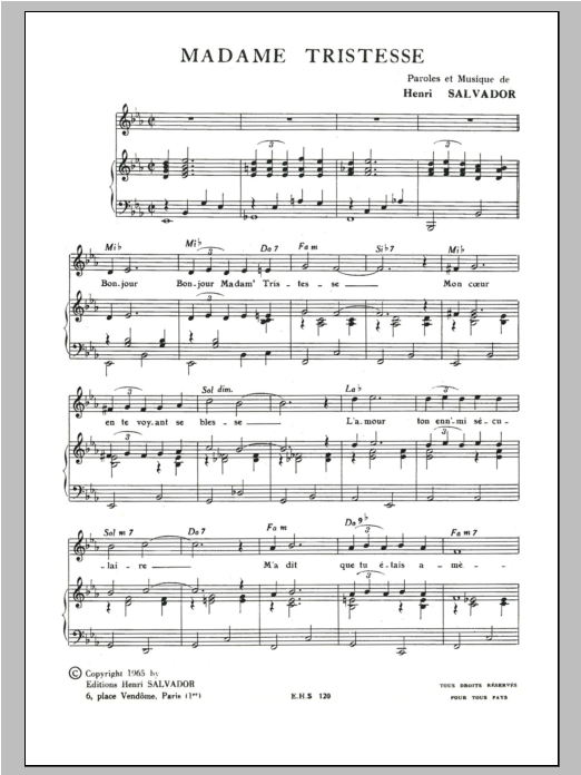 Henri Salvador Madame Tristesse Sheet Music Notes & Chords for Piano & Vocal - Download or Print PDF