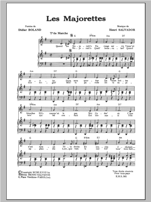 Henri Salvador Majorettes Sheet Music Notes & Chords for Piano & Vocal - Download or Print PDF