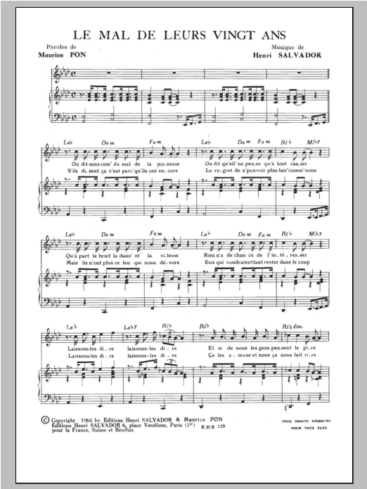 Henri Salvador Mal De Leurs Vingt Ans Sheet Music Notes & Chords for Piano & Vocal - Download or Print PDF Henri Salvador Mal De Leurs Vingt Ans Sheet Music Notes & Chords for Piano & Vocal - Download or Print PDF