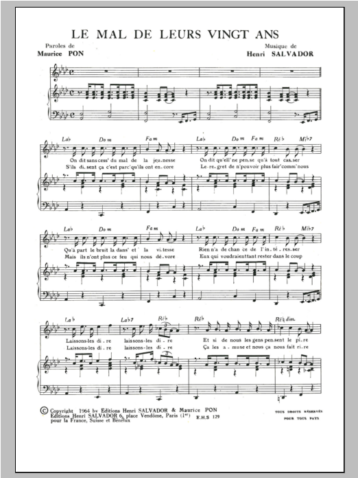Henri Salvador Mal De Leurs Vingt Ans Sheet Music Notes & Chords for Piano & Vocal - Download or Print PDF