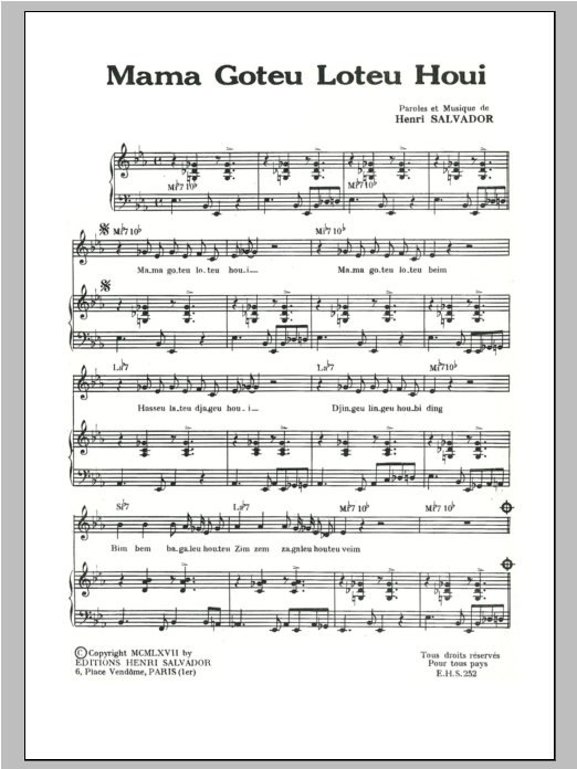 Henri Salvador Mama Goteu Loteu Houi Sheet Music Notes & Chords for Piano & Vocal - Download or Print PDF