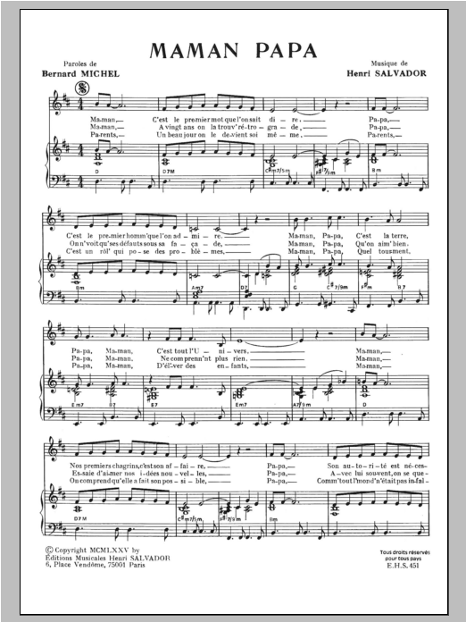 Henri Salvador Maman Papa Sheet Music Notes & Chords for Piano & Vocal - Download or Print PDF