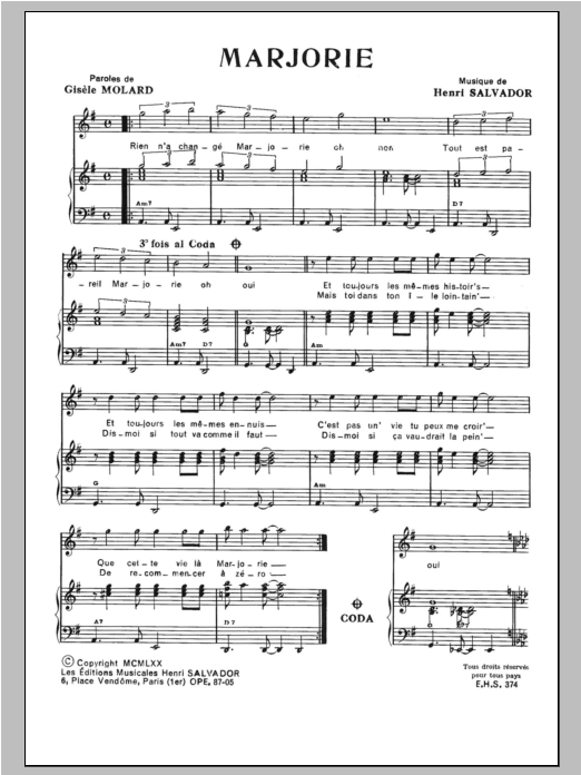 Henri Salvador Marjorie Sheet Music Notes & Chords for Piano & Vocal - Download or Print PDF