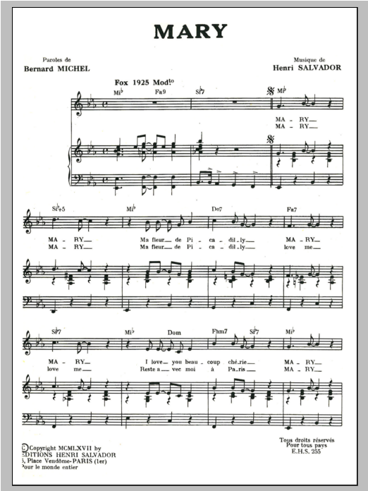 Henri Salvador Mary Sheet Music Notes & Chords for Piano & Vocal - Download or Print PDF