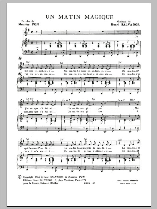 Henri Salvador Matin Magique Sheet Music Notes & Chords for Piano & Vocal - Download or Print PDF