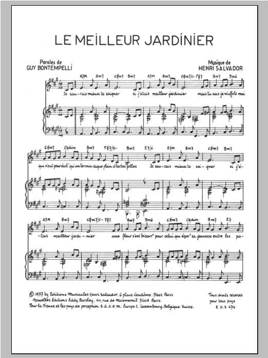 Henri Salvador Meilleur Jardinier Sheet Music Notes & Chords for Piano & Vocal - Download or Print PDF