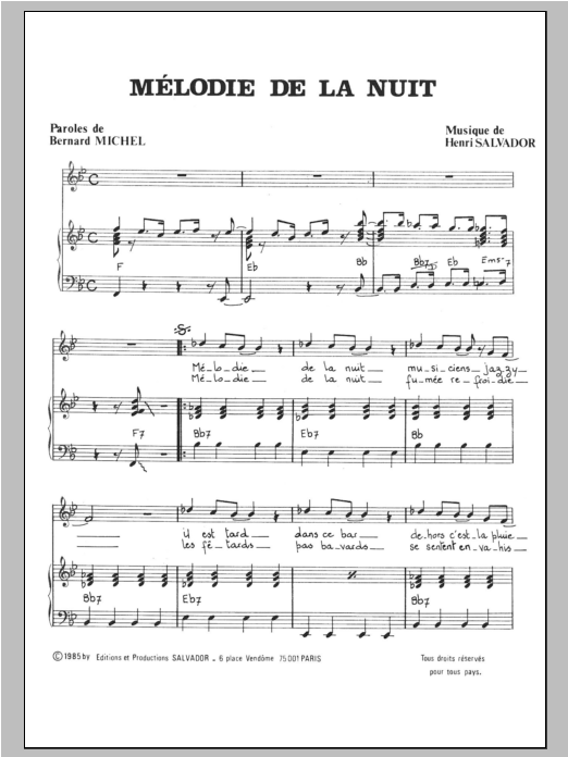 Henri Salvador Melodie De La Nuit Sheet Music Notes & Chords for Piano & Vocal - Download or Print PDF