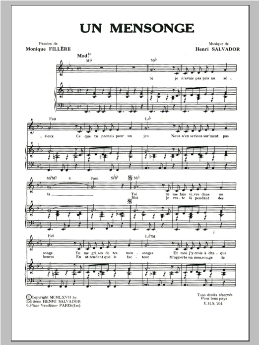 Henri Salvador Mensonge Sheet Music Notes & Chords for Piano & Vocal - Download or Print PDF