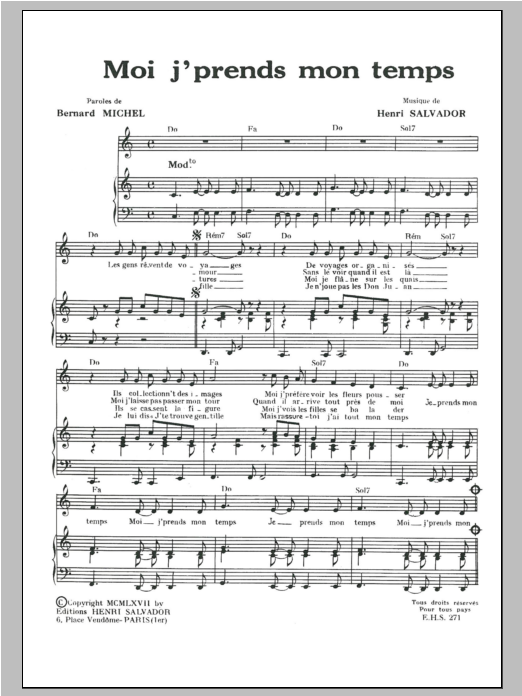 Henri Salvador Moi J Prends Mon Temps Sheet Music Notes & Chords for Piano & Vocal - Download or Print PDF