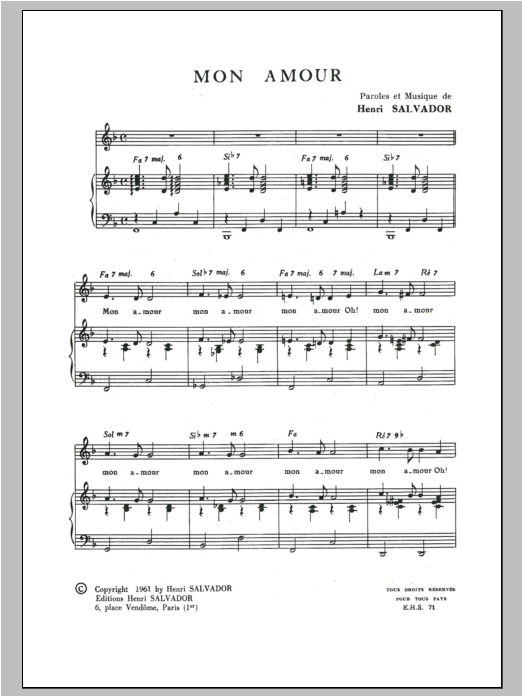 Henri Salvador Mon Amour Sheet Music Notes & Chords for Piano & Vocal - Download or Print PDF