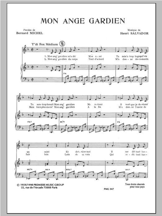 Henri Salvador Mon Ange Gardien Sheet Music Notes & Chords for Piano & Vocal - Download or Print PDF