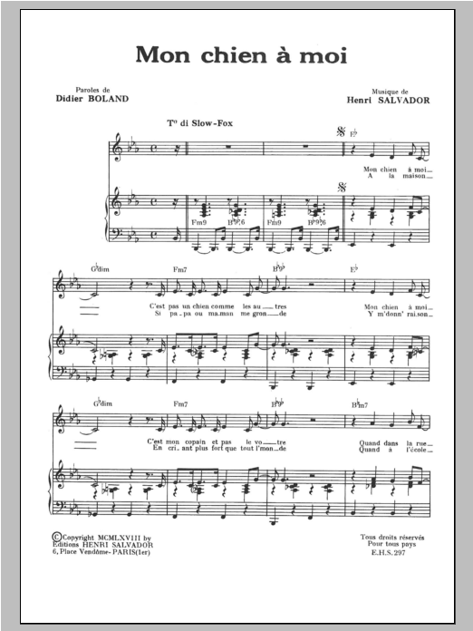 Henri Salvador Mon Chien A Moi Sheet Music Notes & Chords for Piano & Vocal - Download or Print PDF