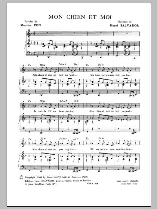 Henri Salvador Mon Chien Et Moi Sheet Music Notes & Chords for Piano & Vocal - Download or Print PDF