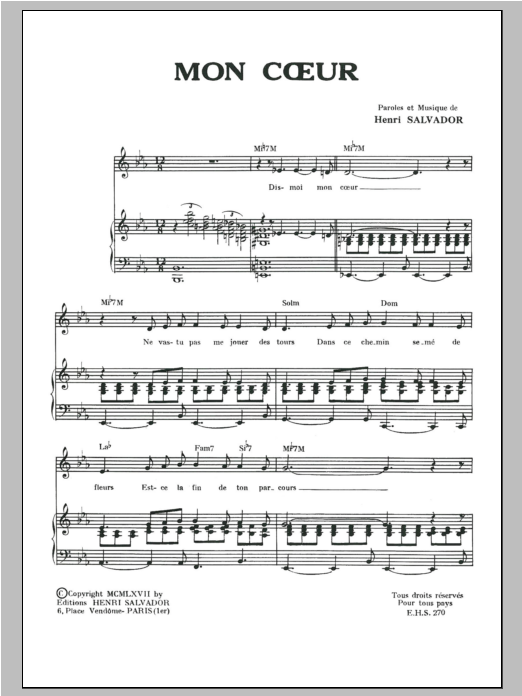 Henri Salvador Mon Coeur Sheet Music Notes & Chords for Piano & Vocal - Download or Print PDF