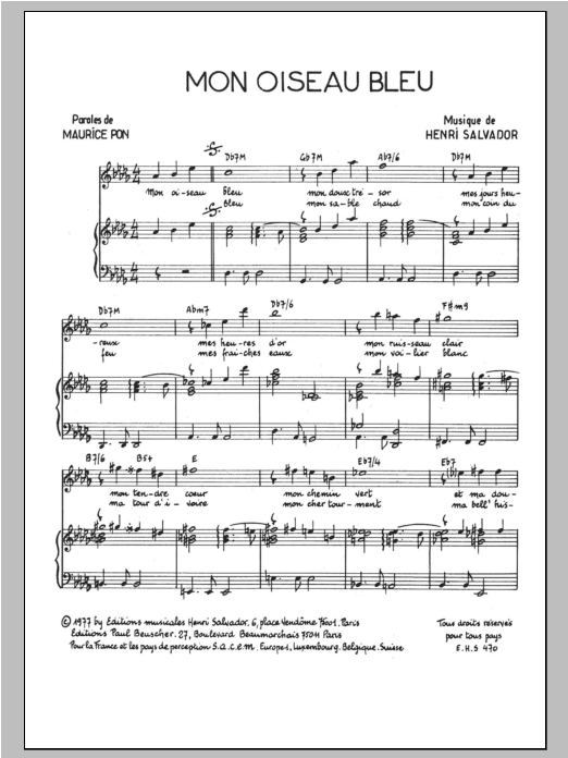 Henri Salvador Mon Oiseau Bleu Sheet Music Notes & Chords for Piano & Vocal - Download or Print PDF