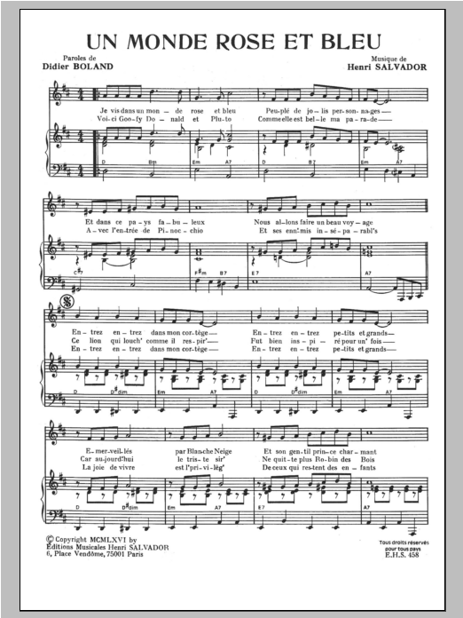 Henri Salvador Monde Rose Et Bleu Sheet Music Notes & Chords for Piano & Vocal - Download or Print PDF