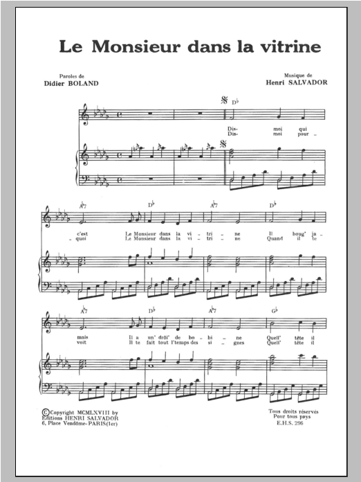 Henri Salvador Monsieur Dans La Vitrine Sheet Music Notes & Chords for Piano & Vocal - Download or Print PDF